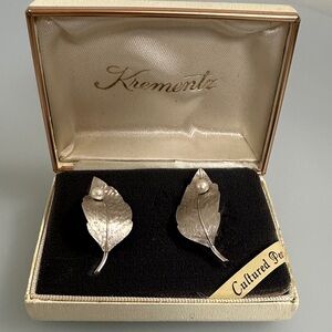 Krementz Silver Leaf Earrings with Cultured Pearls